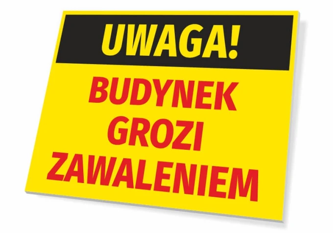 Warning: Building Risk of Collapse - Rectangular sign with yellow background and bold black text.