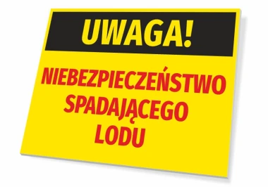 Warning sign: Falling ice hazard - Graphic design. Rectangular sign with black background and large text.