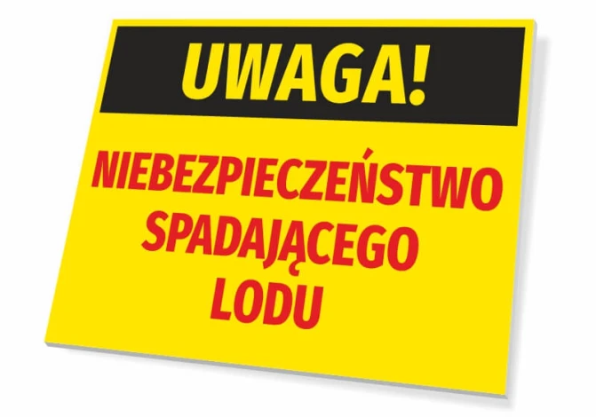 Warning sign: Falling ice hazard - Graphic design. Rectangular sign with black background and large text.