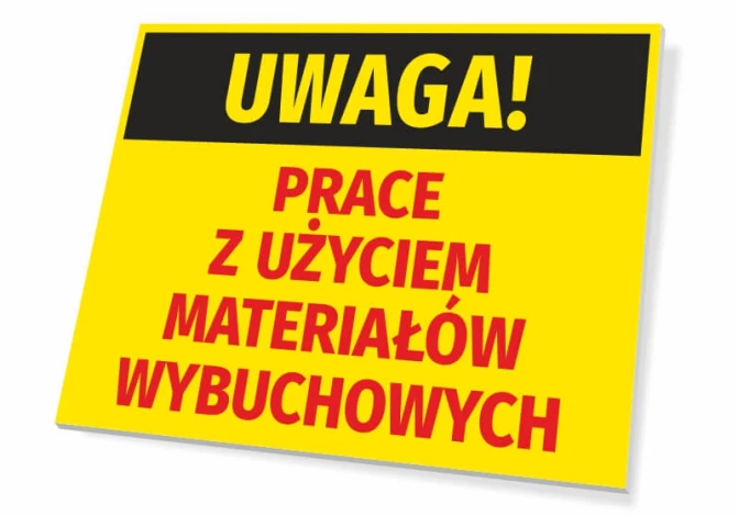Caution sign for explosive work - Graphic design. Yellow background with black "CAUTION!" text and red accents.