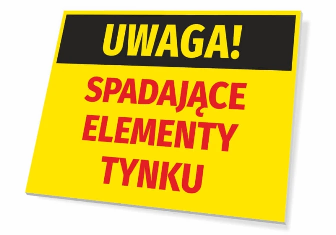 Caution Falling Plaster Sign - Graphic design with yellow background, black "CAUTION!" text, and red "FALLING ELEMENTS."