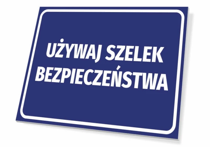 Safety harness use sign - Graphic design. Blue background with large white text.