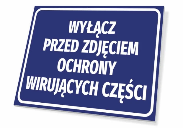 Warning sign: Remove protective cover before operating rotating parts - Simple rectangular design with white text.