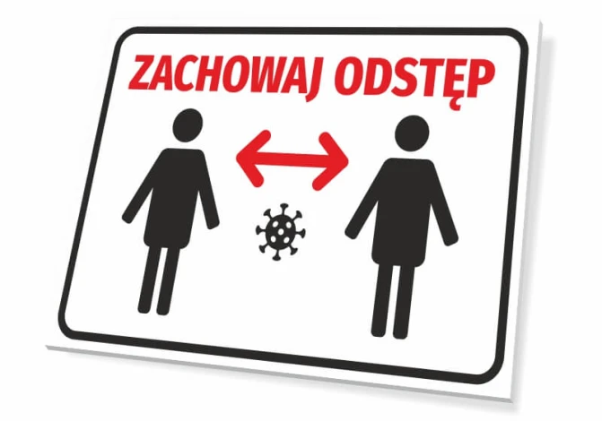 T413 Keep Distance Sign - Graphic design featuring two human figures with a virus icon and arrows pointing between them.