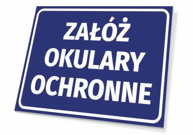 Protective Glasses Required - Graphic Design. Rectangular sign with a blue background and white text.