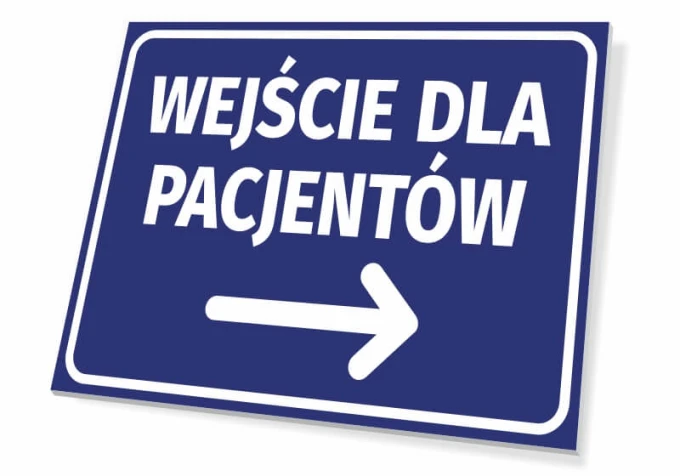 Entrance sign for patients T419 - Simple rectangular design with white text on a blue background.