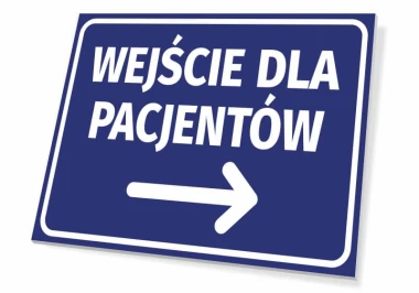 Entrance sign for patients T419 - Simple rectangular design with white text on a blue background.
