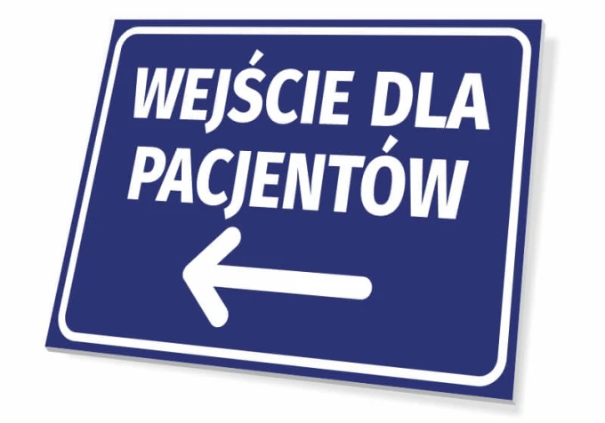 Entrance sign for patients T420 - Graphic design. Blue background with white text and left arrow.