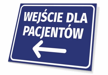 Entrance sign for patients T420 - Graphic design. Blue background with white text and left arrow.