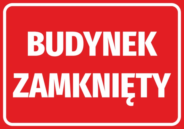 Closed Building Sticker - Graphic Design. Red background with white text "CLOSED BUILDING".