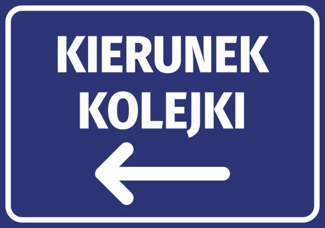 Train Direction Sticker N424 - Graphic design. White letters on a blue background indicate left direction.