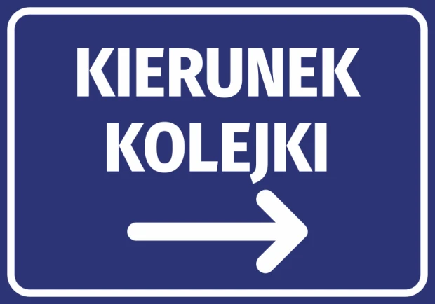 Train Direction Sticker N425 - Graphic design with white letters and right arrow on a blue background.