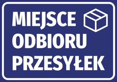 Pickup Location Sticker - Graphic Design. Blue background with white text and a package icon.