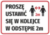 Queue please sticker with graphic design. Two figures with an arrow indicating a 2m distance.
