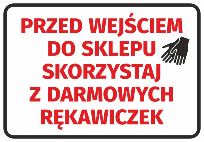 Sticker: Please use free gloves before entering the store - Graphic design. Red text on a white background.