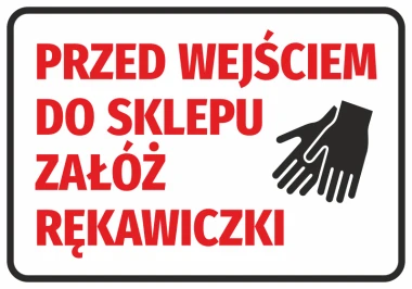 Sticker: Please wear gloves before entering the store - Graphic design. Red text on a white background with two hands.