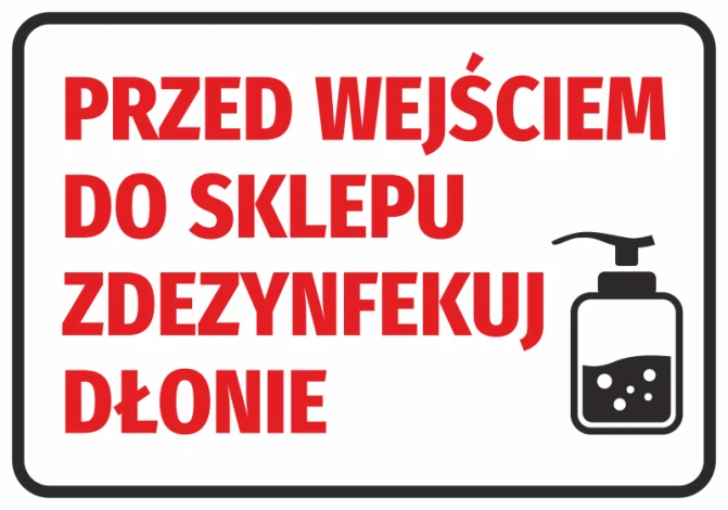 Hand sanitizer reminder sticker for store entrance - Red text on white background with dispenser icon.