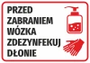 Sticker: Disinfect hands before using the cart - Graphic design. Rectangle with red border, black text, icon.