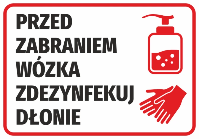 Sticker: Disinfect hands before using the cart - Graphic design. Rectangle with red border, black text, icon.