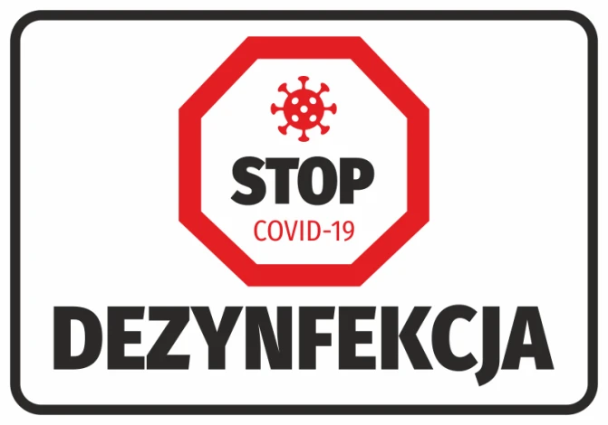 Stop Disinfection Sticker N427 - Graphic design. Red octagon with STOP text and virus symbol.