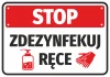 Stop Disinfect Your Hands Sticker - Graphic design with red background, white text, bottle icon, and gloves.