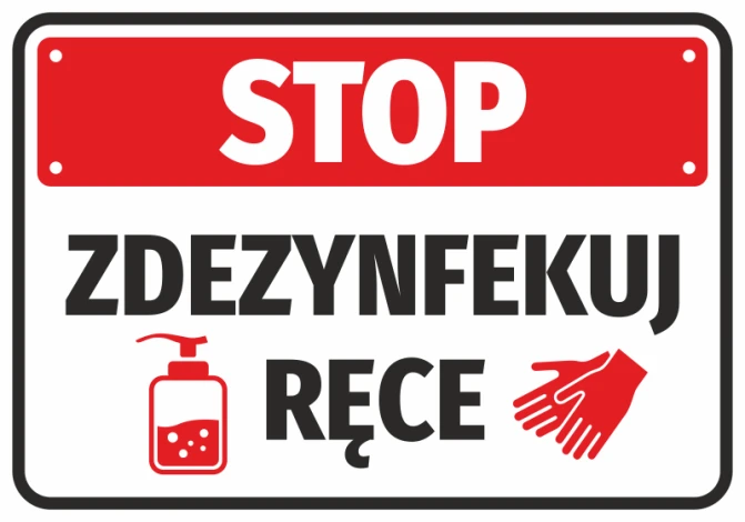 Stop Disinfect Your Hands Sticker - Graphic design with red background, white text, bottle icon, and gloves.