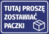 Sticker: Please leave packages here - Graphic design. Blue background with white text and package icon.