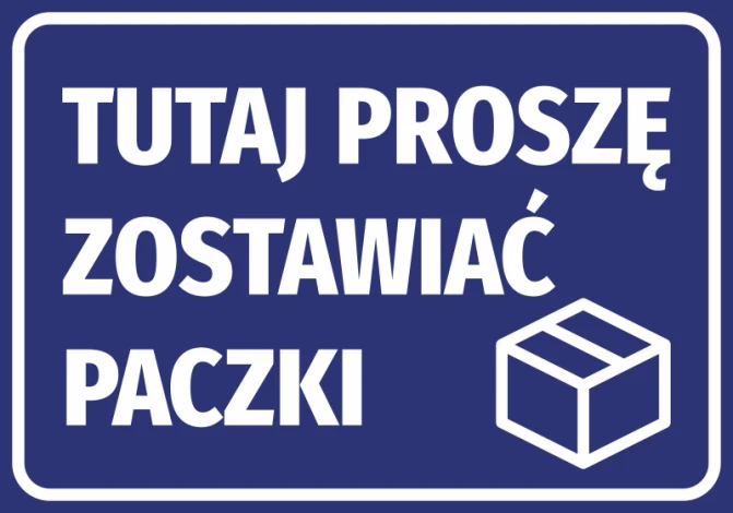 Sticker: Please leave packages here - Graphic design. Blue background with white text and package icon.