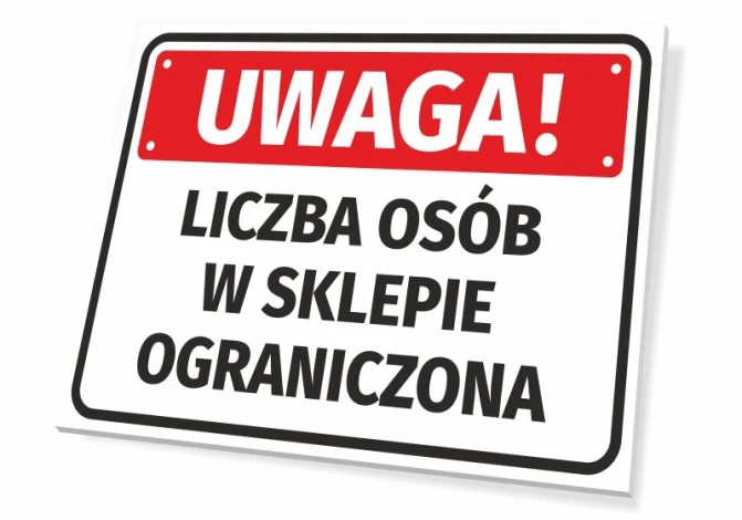 Warning sticker: Limited number of people in the store - Graphic design. Red background with white text and black border.
