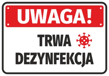 Warning: Disinfection in progress - Graphic design. Red background with white text and virus symbol.