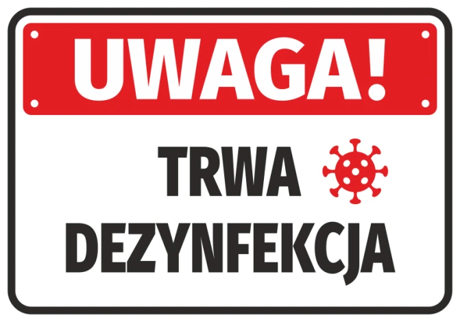 Warning: Disinfection in progress - Graphic design. Red background with white text and virus symbol.