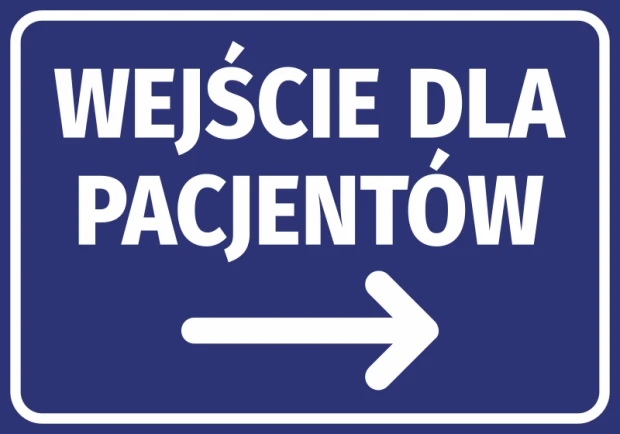 Patient Entrance Sticker N419 - Graphic design. Blue background with white text and right arrow.