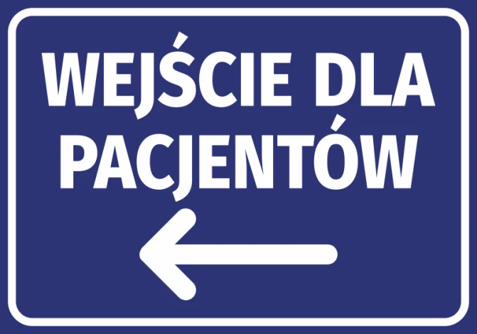 Patient Entrance Sticker N420 - Graphic design. Blue background with white text and left arrow.