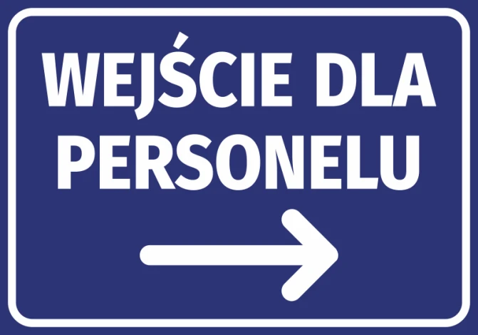 Staff Entrance Sticker N422 - Graphic design with blue background, white text, and right arrow.