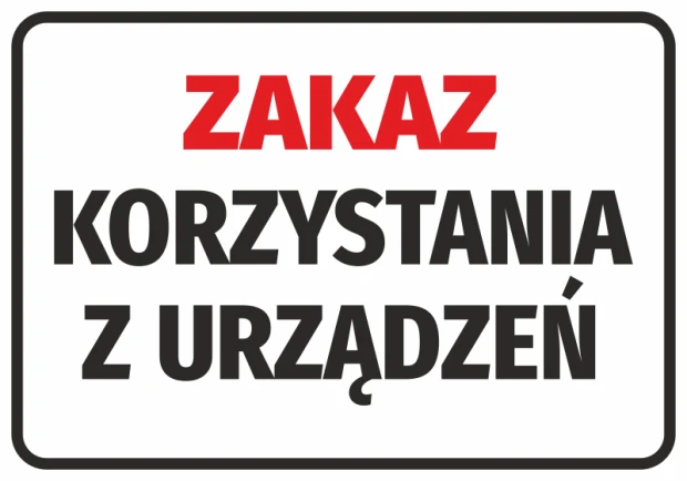 No Device Use Sticker - Graphic Design. Red text on a white background, rectangular shape.
