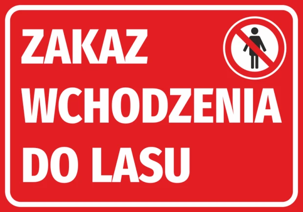 No Entry Forest Sticker - Graphic Design. Red background with white text and symbol of a crossed-out figure.