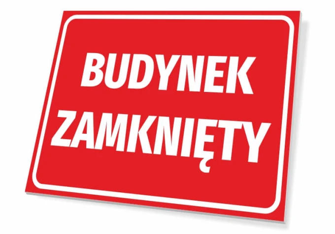Closed Building Sign - Graphic Design. Red background with large white text.
