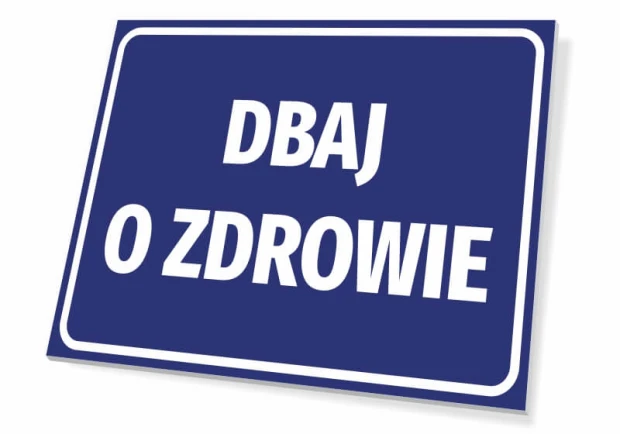 Health Reminder Sign - Simple rectangular design with white text on a blue background.