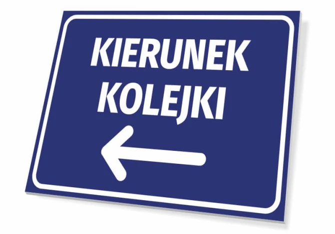 Direction sign T424 - Graphic design. Rectangular sign with a blue background and white text indicating train direction.