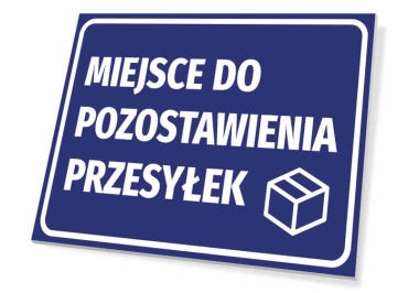 Delivery Drop-Off Sign - Graphic Design. Blue background with white text and package icon.