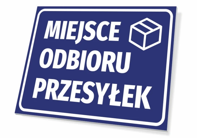 Pickup location sign - Graphic design. Blue background with white text and a box icon.