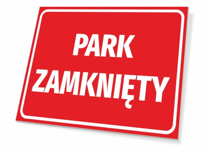 Closed Park Sign - Graphic design. Red background with large white text PARK ZAMKNIĘTY.