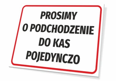 Please approach the checkout one at a time - Graphic design. Rectangular sign with a white background and red border.