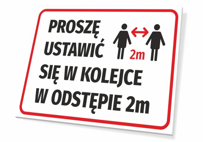 Queue Please stand 2m apart sign - Simple rectangle with red borders, black text.