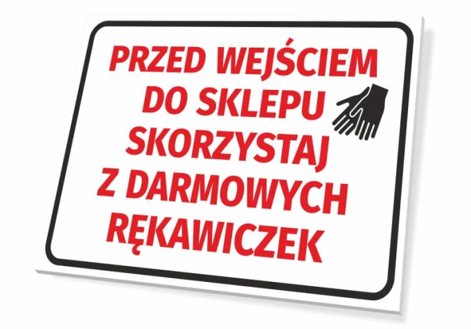 Sign at store entrance: use free gloves - graphic design. Red text on white background, next to it.