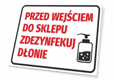 Hand sanitizing sign for store entrance - Red text on white background with an icon.