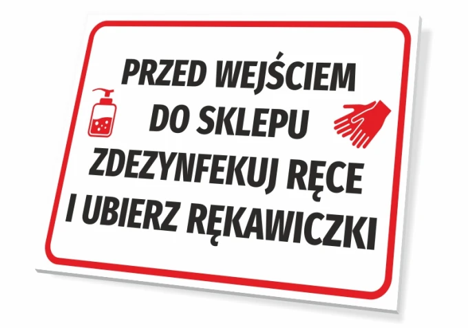 Hand sanitizing and glove-wearing sign for store entrance - Simple rectangular design with red accents.