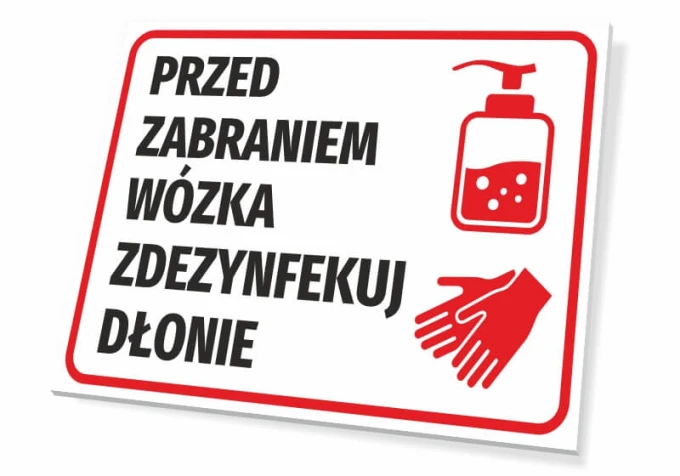 Hand sanitizer required before using the cart - Graphic design. Red text on white background, next to a bottle icon.