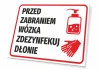 Hand sanitizer required before using the cart - Graphic design. Red text on white background, next to a bottle icon.