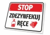 Hand Sanitizer Stop Sign - Graphic design with red background, white text, dispenser and glove icon.